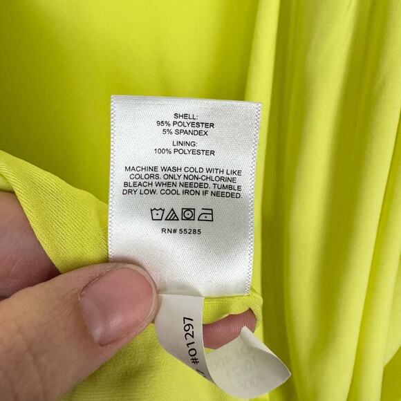 Express Neon Yellow Draped Mock Neck Open Back Thong Bodysuit w Shoulder Pads - Picture 12 of 12